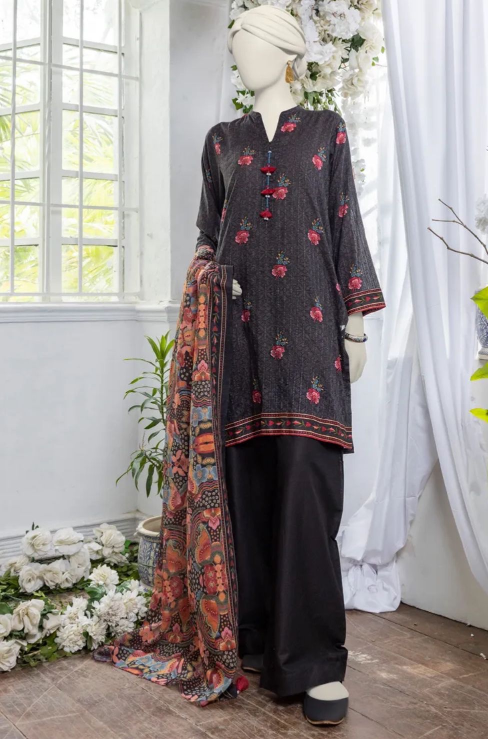 JUNAID JAMSHED Black Dobby Printed Suit